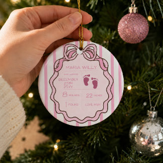 Cute Pink Bow Baby Birth Stats  Ceramic Ornament