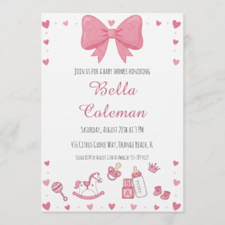 cute pink bow baby shower invitation