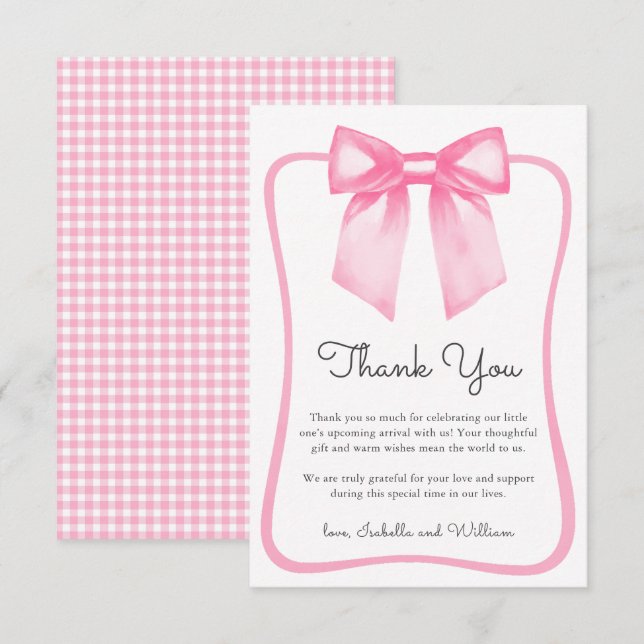 Cute Pink Bow Baby Shower Thank You Card (Front/Back)
