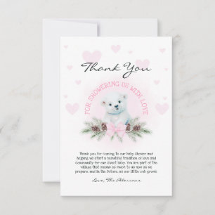 Cute Pink Bow Bear Cub Girl Winter Baby Shower Thank You Card