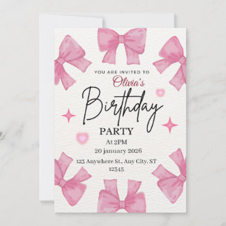 Cute Pink Bow Birthday Invitation Template