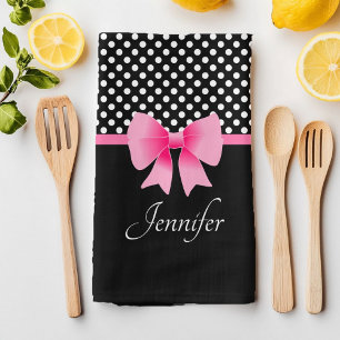 Cute Pink Bow Black And White Kitchen Towel
