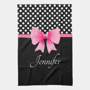 Cute Pink Bow Black And White Kitchen Towel