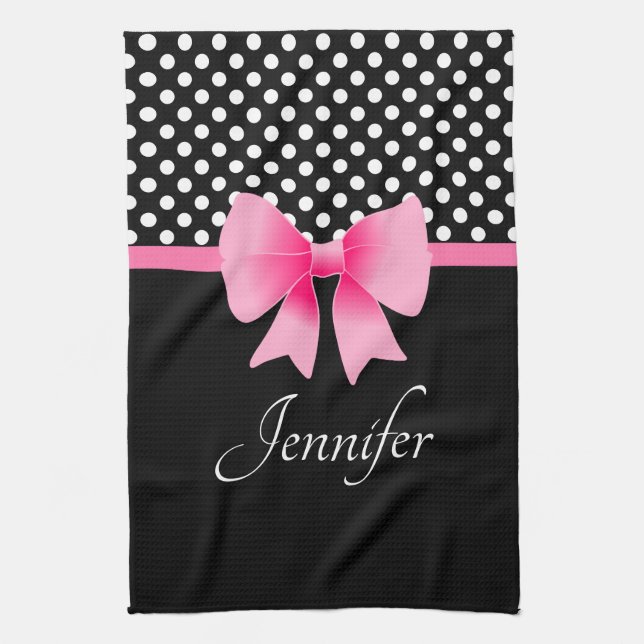 Cute Pink Bow Black And White Kitchen Towel (Vertical)