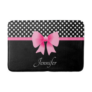 Cute Pink Bow Black And White Polka Dots Bath Mat