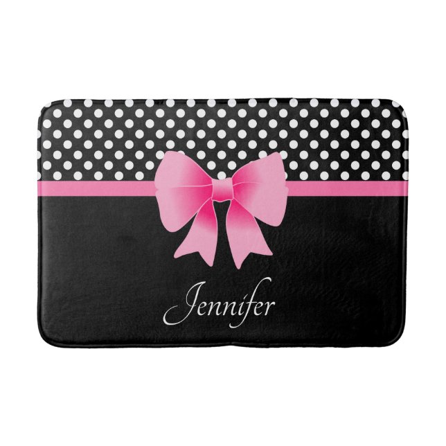 Cute Pink Bow Black And White Polka Dots Bath Mat (Front)