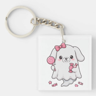 Cute Pink Bow Candy Ghost Halloween Sticker Kawaii Keychain