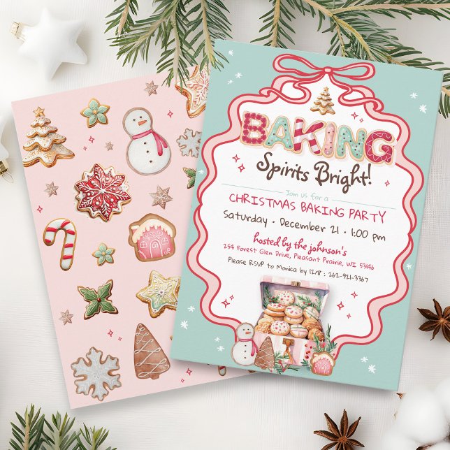 Cute Pink Bow Christmas Cookies Baking Party TEAL Invitation (Cute pink red green coquette bow ribbon frame Baking Spirits Bright Christmas cookie Baking Invite)