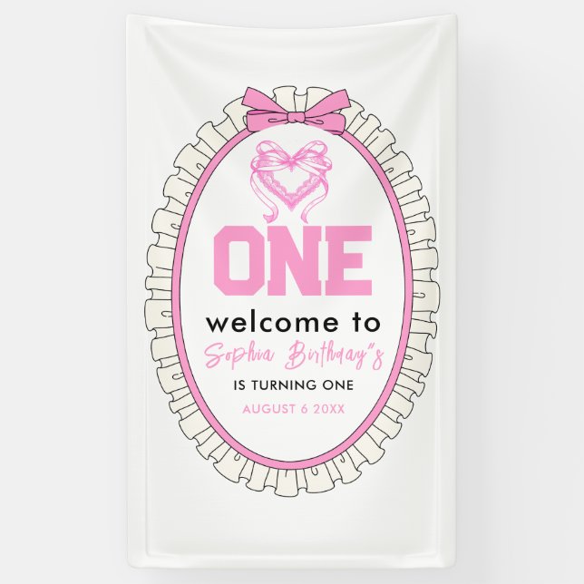 Cute Pink Bow Coquette 1st Birthday Banner (Vertical)
