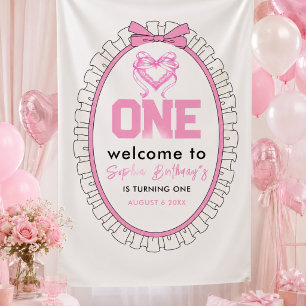 Cute Pink Bow Coquette 1st Birthday Banner