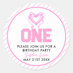 Cute Pink Bow Coquette 1st Birthday Classic Round Sticker