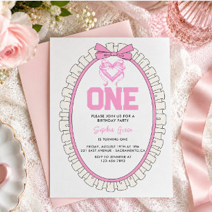 Cute Pink Bow Coquette 1st Birthday Invitation