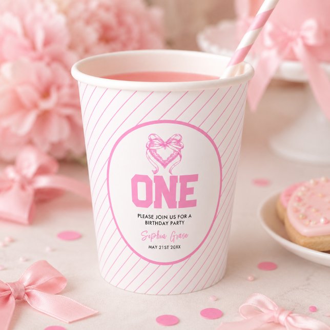 Cute Pink Bow Coquette 1st Birthday  Paper Cups (Cute Pink Bow Coquette 1st Birthday Paper Cups)