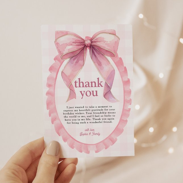 Cute Pink Bow Coquette 1st Birthday Thank You Card (Creator Uploaded)