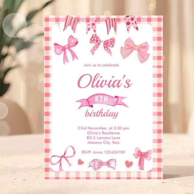 Cute Pink Bow Coquette Birthday Invitation (pink bow birthday, invite with bows, pink ribbon, large bow, coquette, baby girl, girly trendy, hear)
