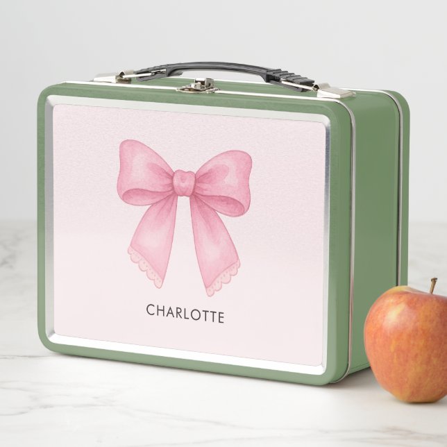 Cute Pink Bow Coquette Monogram Metal Lunch Box (In Situ)