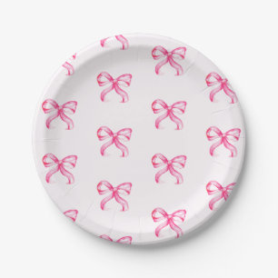Cute Pink Bow Coquette Pattern Baby Shower Paper Plate