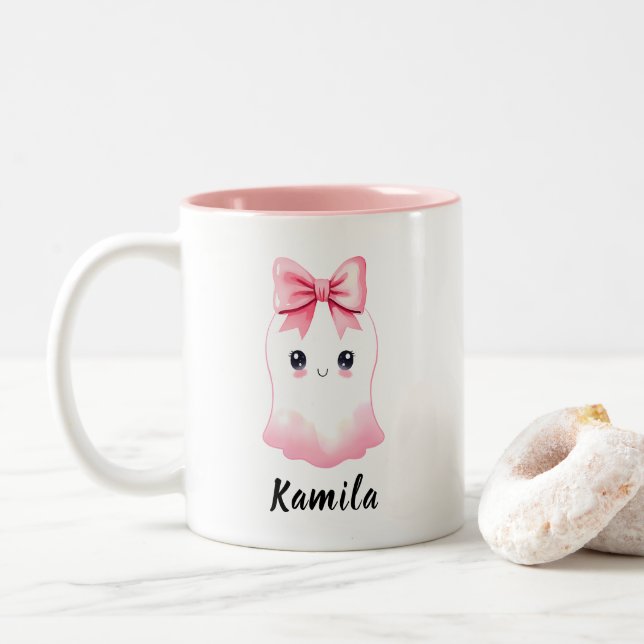 Cute Pink Bow Ghost Girl Personalized Name Two-Tone Coffee Mug (With Donut)
