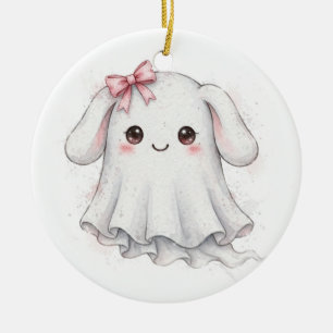 Cute Pink Bow Ghost Halloween Kawaii Coquette Ceramic Ornament
