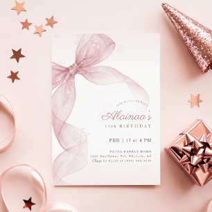 Cute Pink Bow Girl 15th Winter Birthday Party Invitation