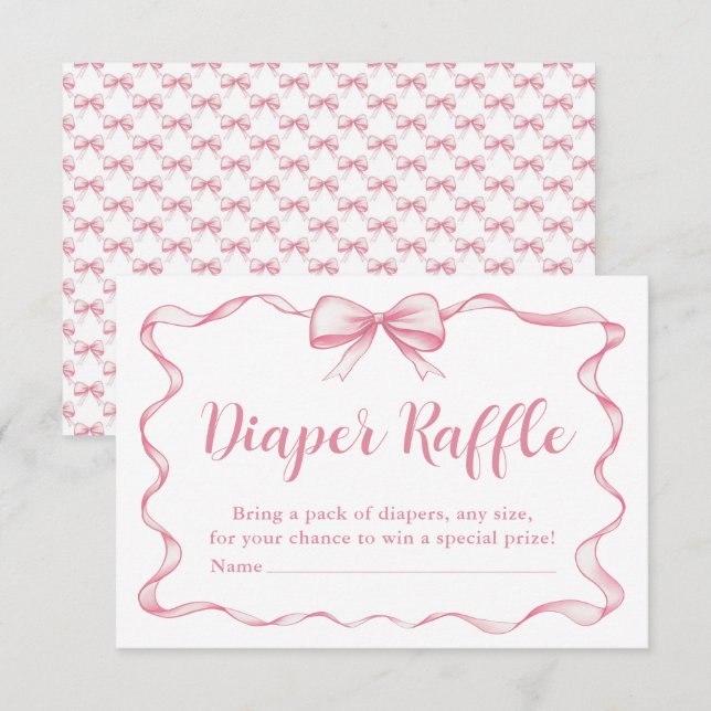Cute Pink Bow Girl Baby Shower Diaper Raffle Card (Front/Back)