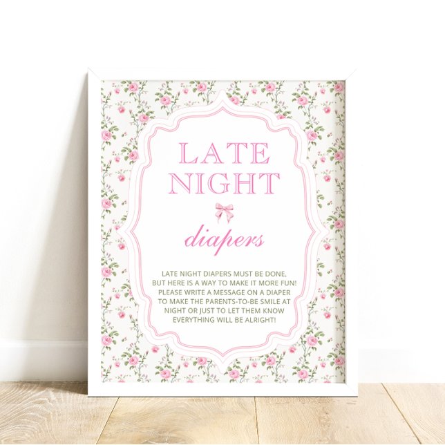 Cute Pink Bow Girl Baby Shower Late Night Diapers Poster (Creator Uploaded)