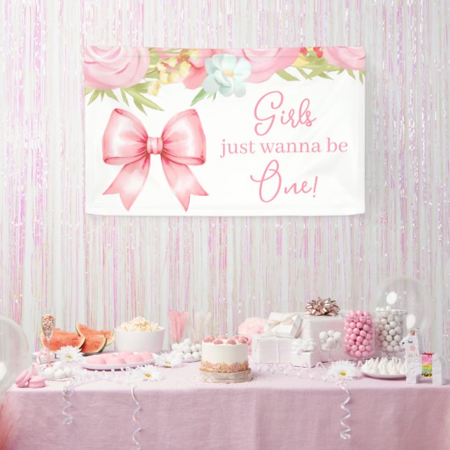 Cute Pink Bow Girl First Birthday Banner (Party)