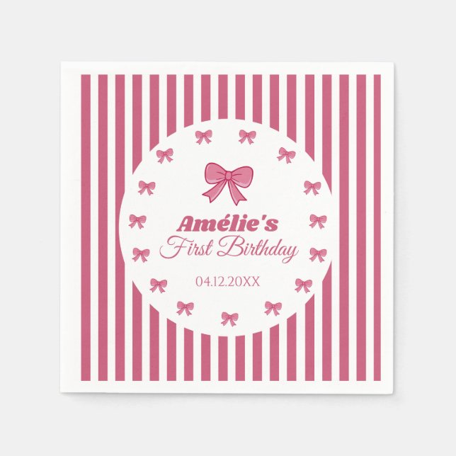 Cute Pink Bow Girl First Birthday  Napkin (Front)