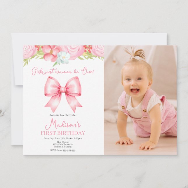Cute Pink Bow Girl First Birthday Photo Invitation (Front)