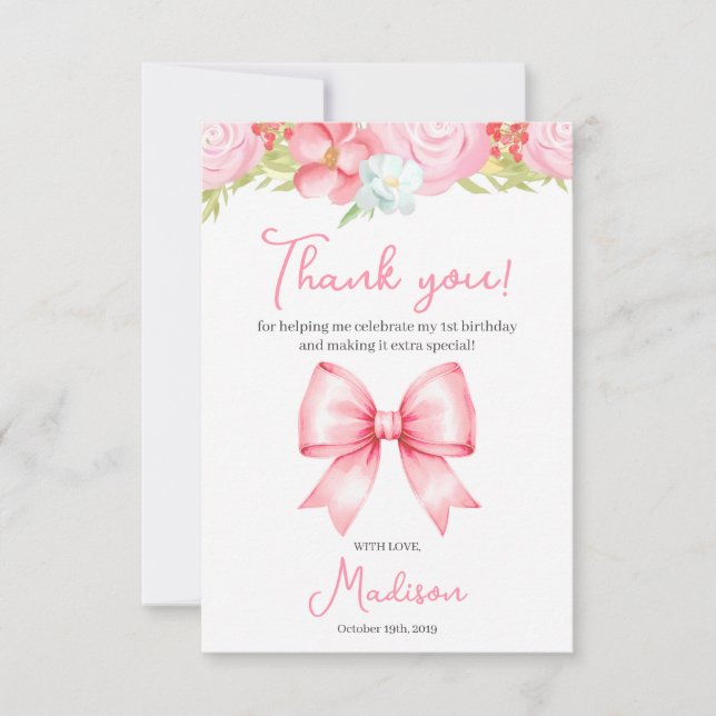Cute Pink Bow Girl First Birthday Thank You Card (Front)