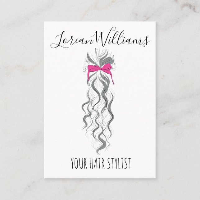 Cute Pink Bow Grey and White Braider Hair Styling  Business Card (Front)