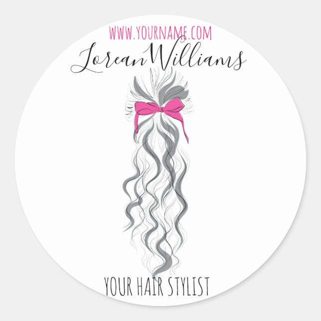 Cute Pink Bow Grey and White Braider Hair Styling  Classic Round Sticker (Front)