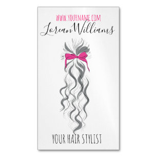 Cute Pink Bow Grey and White Braider Hair Styling Magnetic Business Card