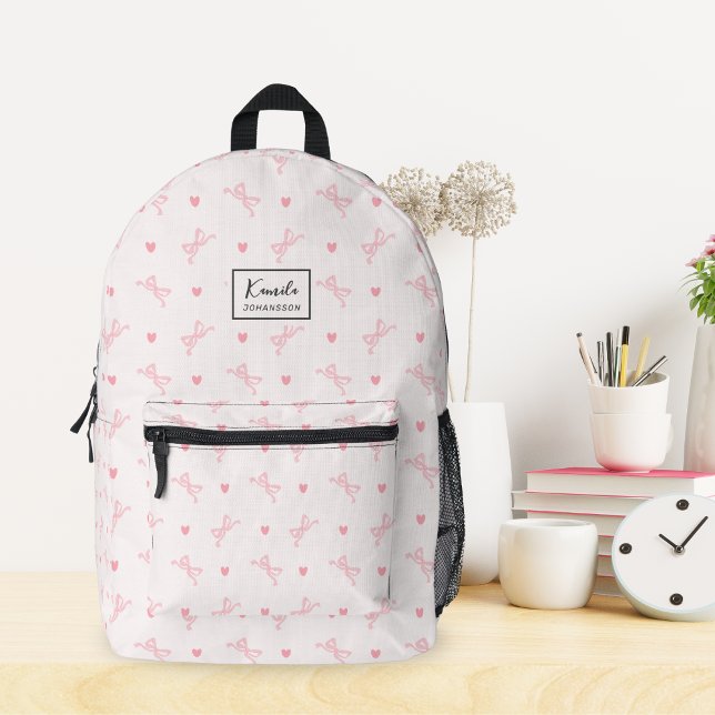 Cute Pink Bow & Heart Coquette Custom Script Name Printed Backpack (Creator Uploaded)