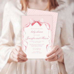 Cute pink bow ribbon boho baby girl shower invitation