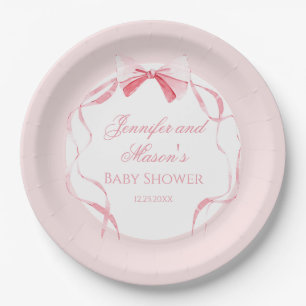Cute pink bow ribbon boho baby girl shower paper plate