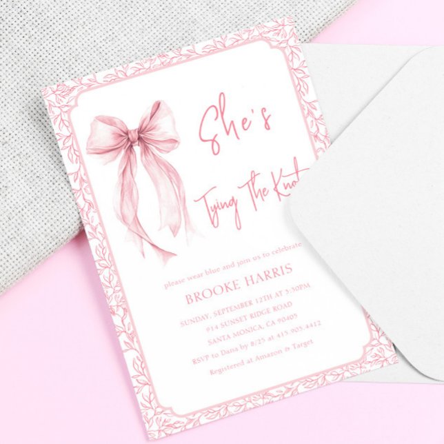 Cute Pink Bow She's Tying The Knot Bridal Shower Invitation (Creator Uploaded)
