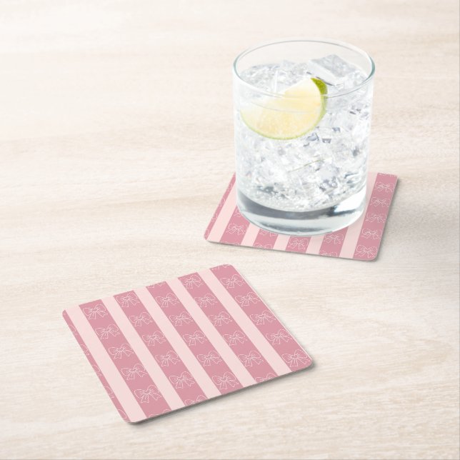 Cute Pink Bow Stripe Pattern – Girly Aesthetic Square Paper Coaster (Insitu)