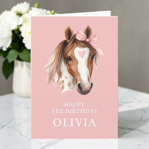 Cute Pink Bow Watercolor Horse Happy 8th Birthday Card