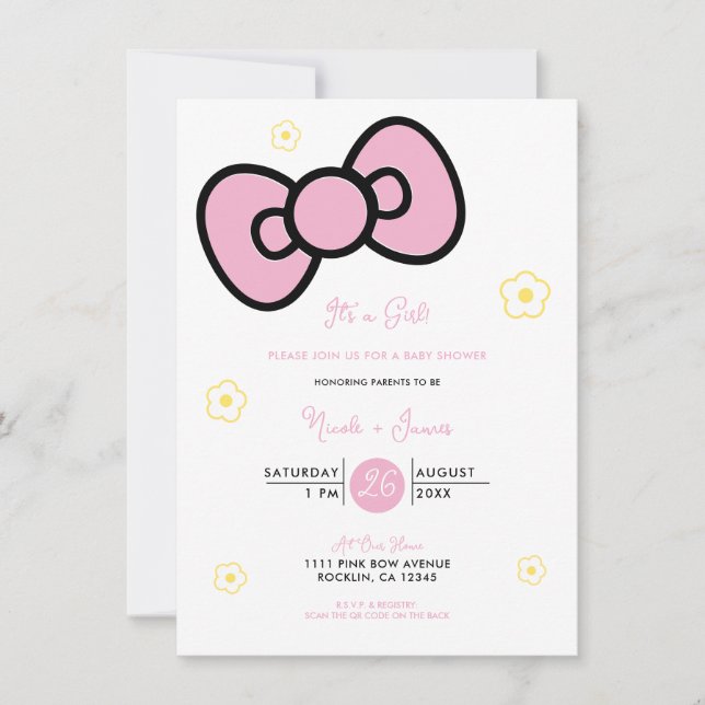 Cute Pink Bow Whimsical Baby Shower Invitation (Front)