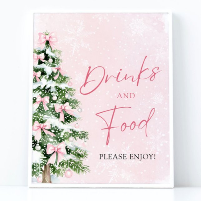 Cute Pink Bows Christmas Tree Food and Drinks Poster (Cute Pink Bows Christmas Tree Food and Drinks Sign)