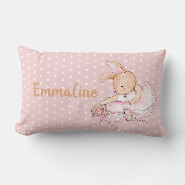 Cute Pink Brown Ballerina Bunny Polka Dots Name Lumbar Pillow (Front)