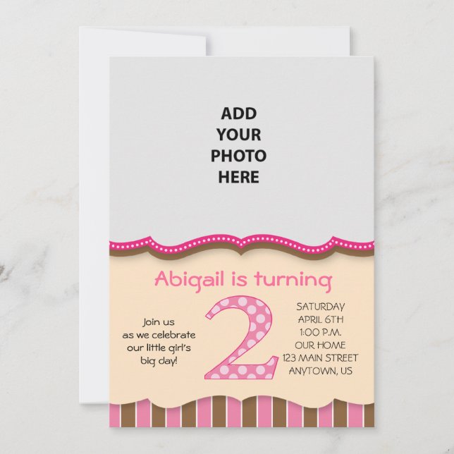 Cute Pink/Brown Girls Second Birthday Invitation (Front)