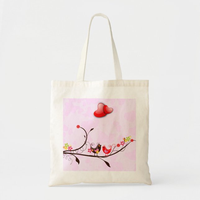 Cute Pink Brown & Red Valentines Love Birds Tote Bag (Front)