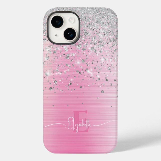 Cute Pink Brushed Metal Silver Glitter Monogram  Case-Mate iPhone Case (Back)
