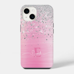 Cute Pink Brushed Metal Silver Glitter Monogram iPhone 14 Case