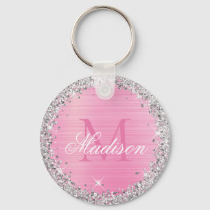 Cute Pink Brushed Metal Silver Glitter Monogram Keychain