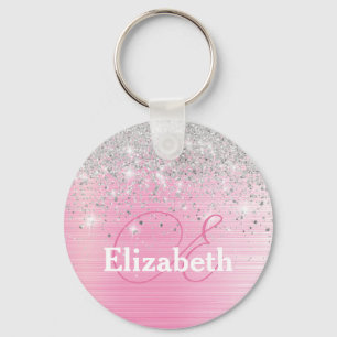 Cute Pink Brushed Metal Silver Glitter Monogram  Keychain