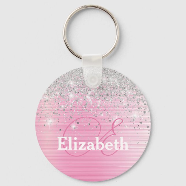 Cute Pink Brushed Metal Silver Glitter Monogram  Keychain (Front)