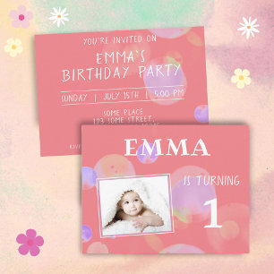 Cute Pink Bubbles 1st Birthday Party Photo Invitation Postcard